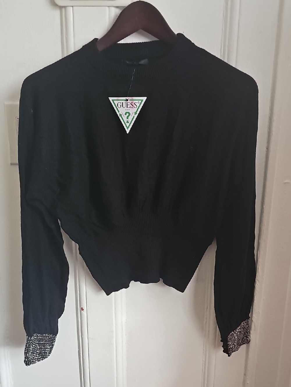 GUESS Black Ribbed Cropped Sweater with Embellished Cuffs